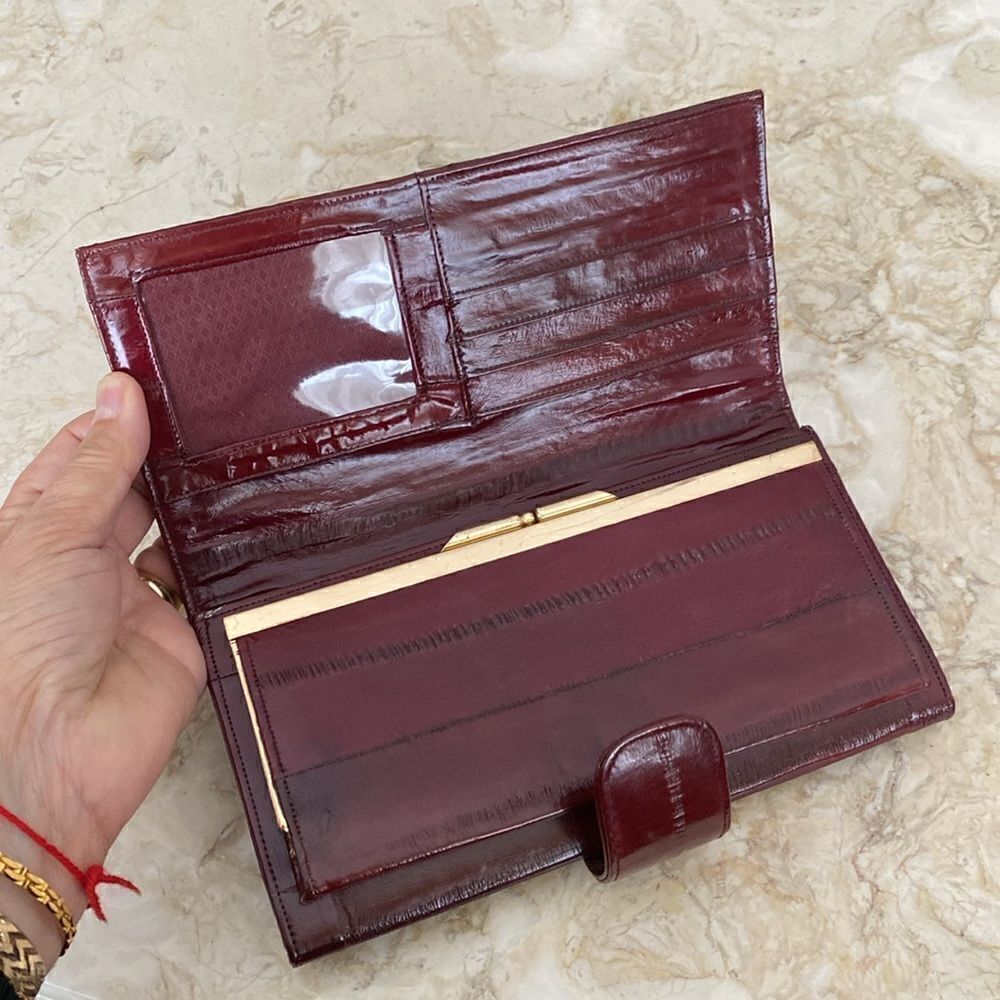 NEW! Vintage Eel Skin Large Wallet Burgundy Red - Picture 10 of 13